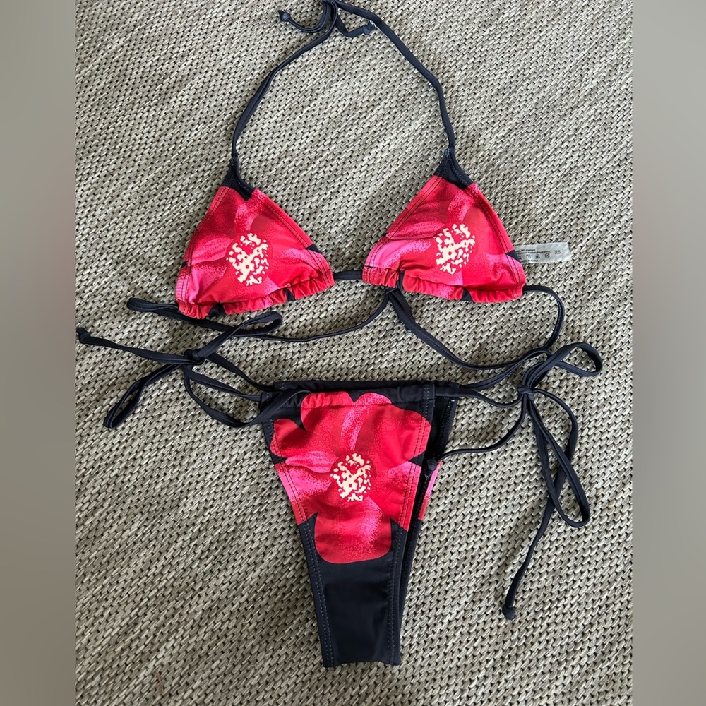 Brand New Black Bikini With Red Flowers